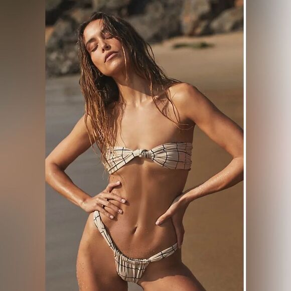 Stone Fox Swim Lele Bandeau bikini top Sand Plaid - Picture 1 of 3